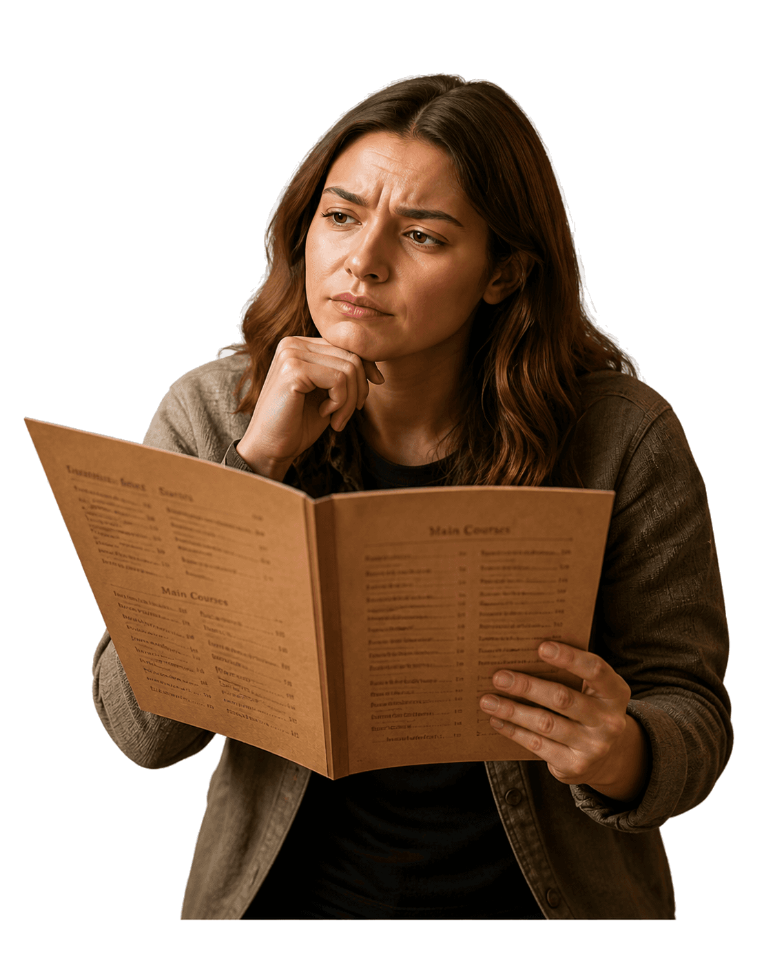 Comensal revisando una carta con dudas antes de pedir.